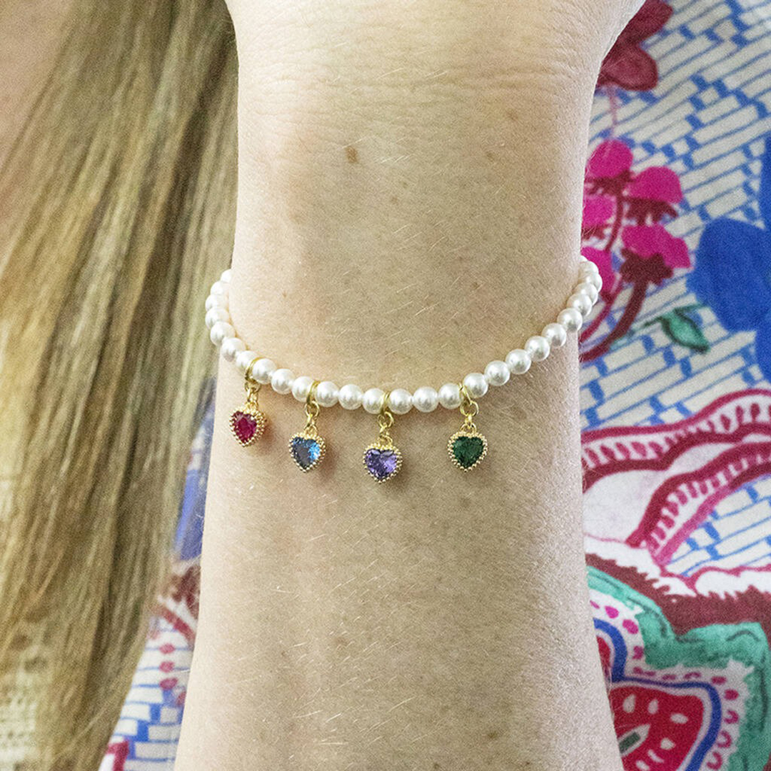 Custom 1-6 Heart Birthstones Pearl Bracelet