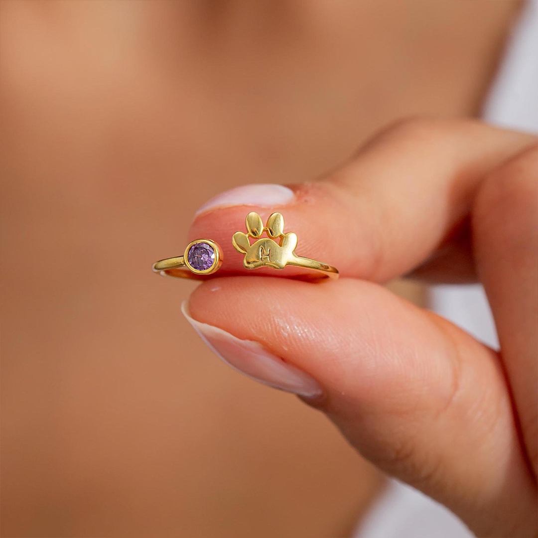 Custom Engraved Paw Birthstone Ring