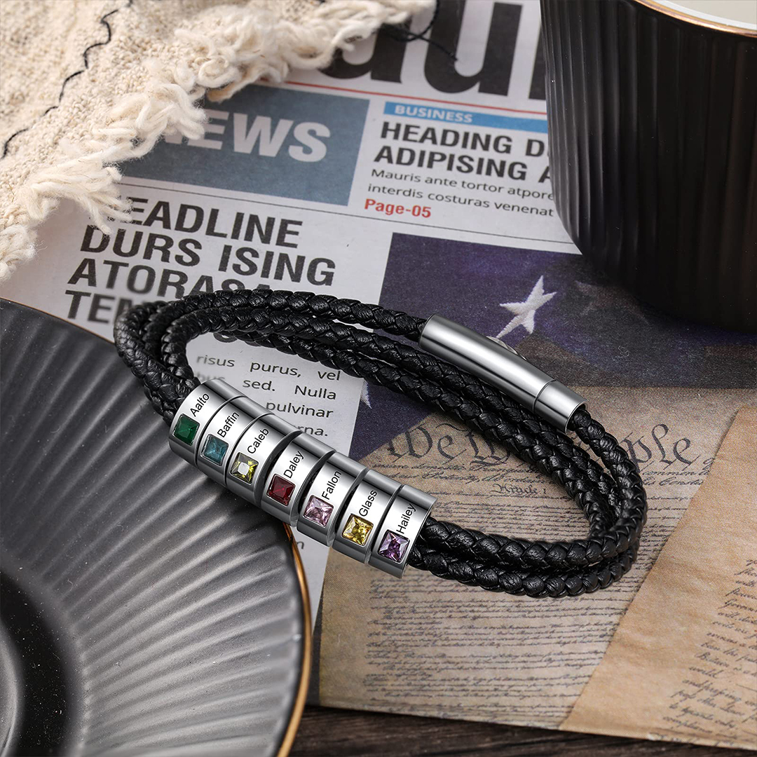 Men's Personalized 1-8 Names Leather Bracelet
