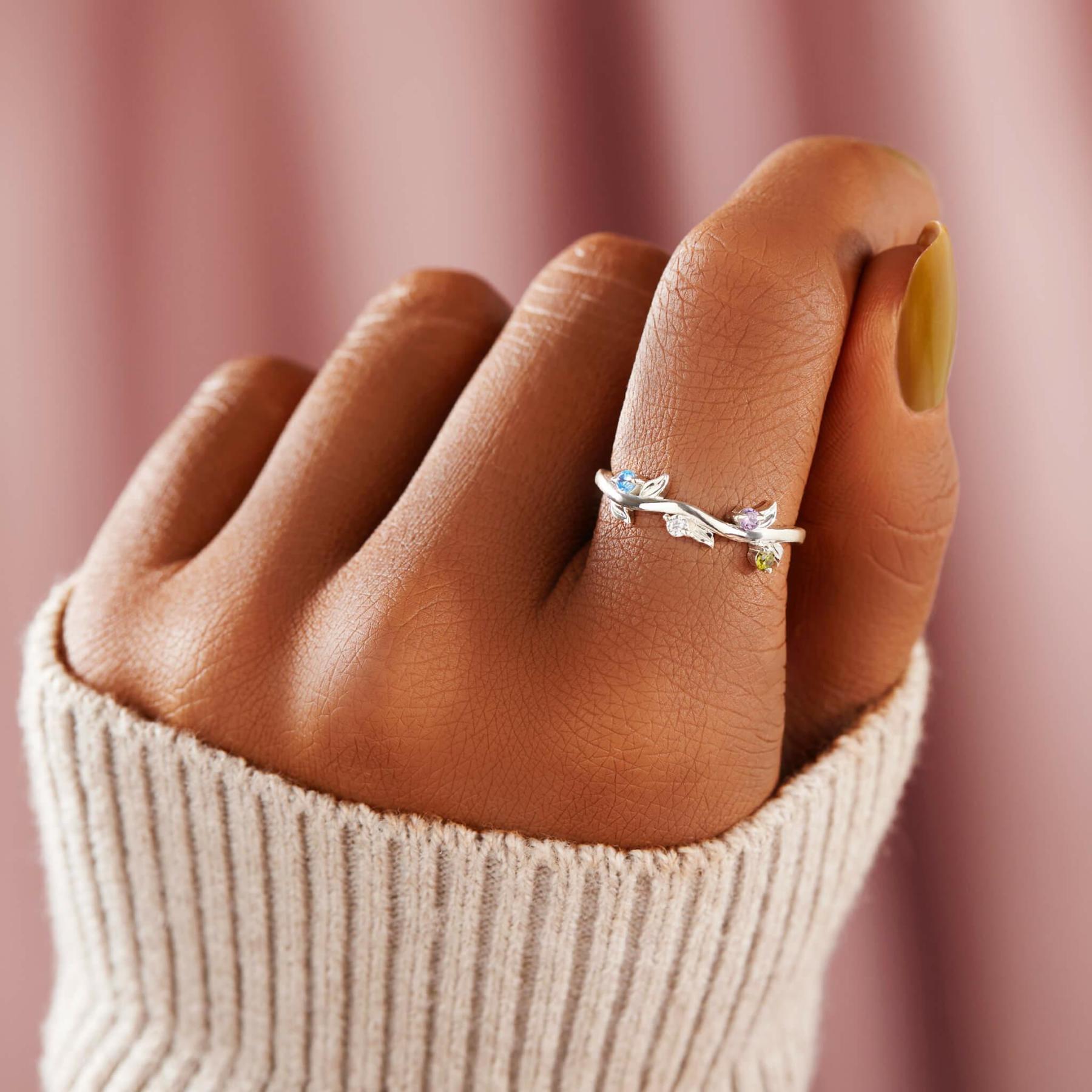 Personalized Grow Through Leaf 1-5 Birthstone Ring