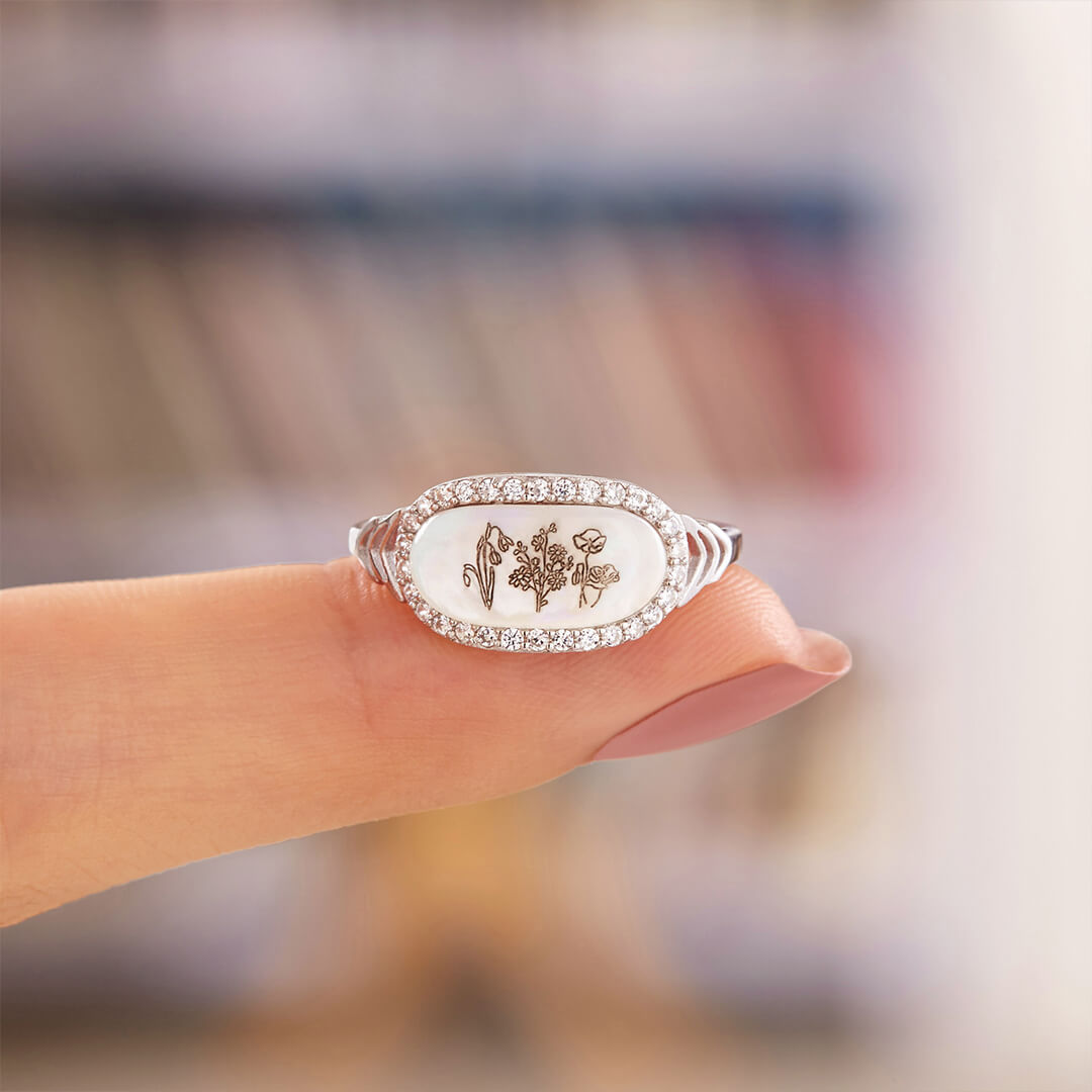 Family Wildflowers Garden Engraved Birth Flowers Shell Ring