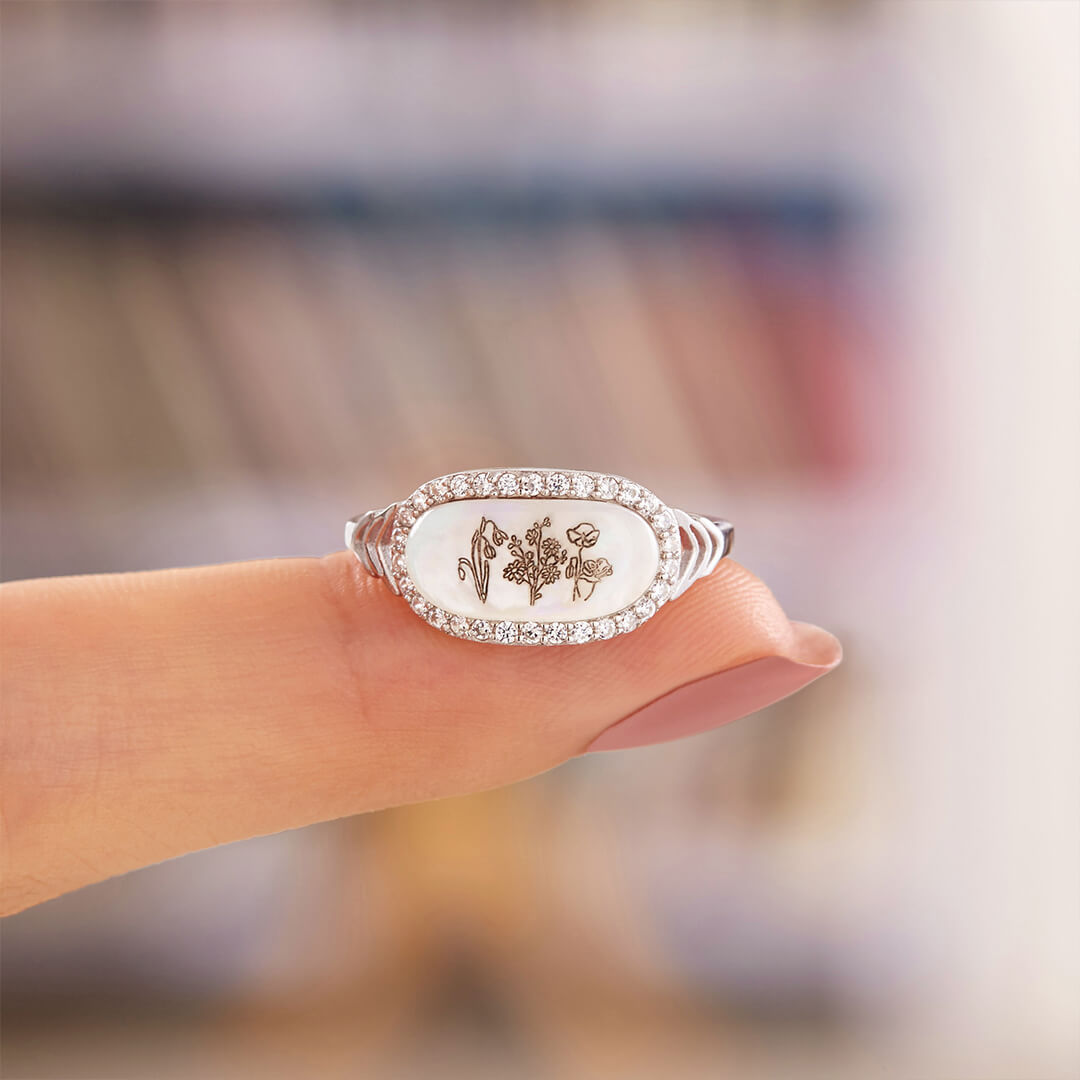 Family Wildflowers Garden Engraved Birth Flowers Shell Ring