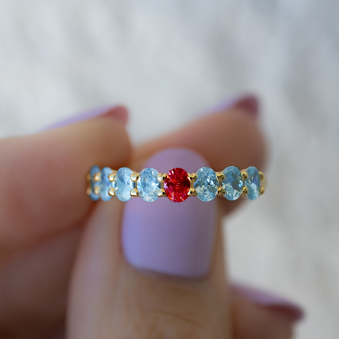 Diabetes Awareness Blue And Red Oval Diamonds Ring