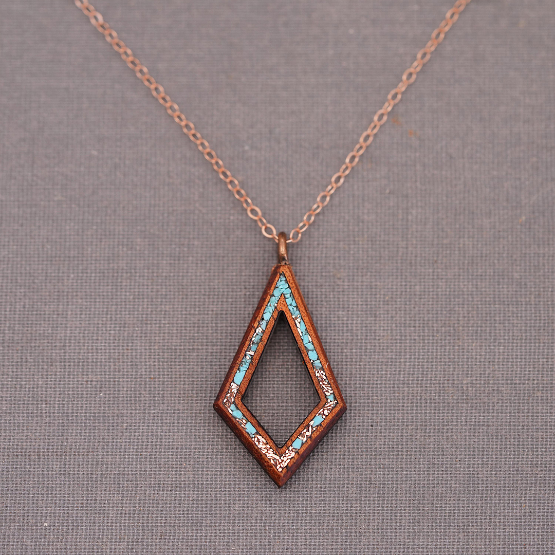 Turquoise and Copper Inlaid Koa Wood Teardrop Necklace
