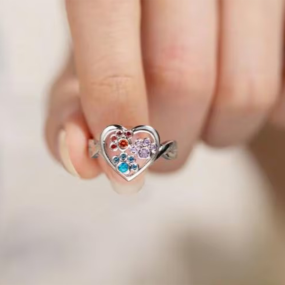 Personalized 1-3 Birthstones And Name Pawprints of Love Ring