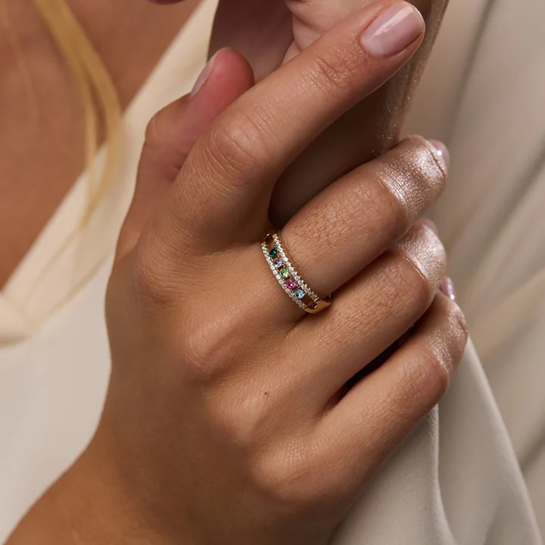 Personalized 1-6 Birthstones Double Layers Ring