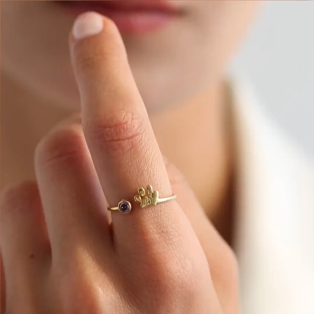 Custom Engraved Paw Birthstone Ring