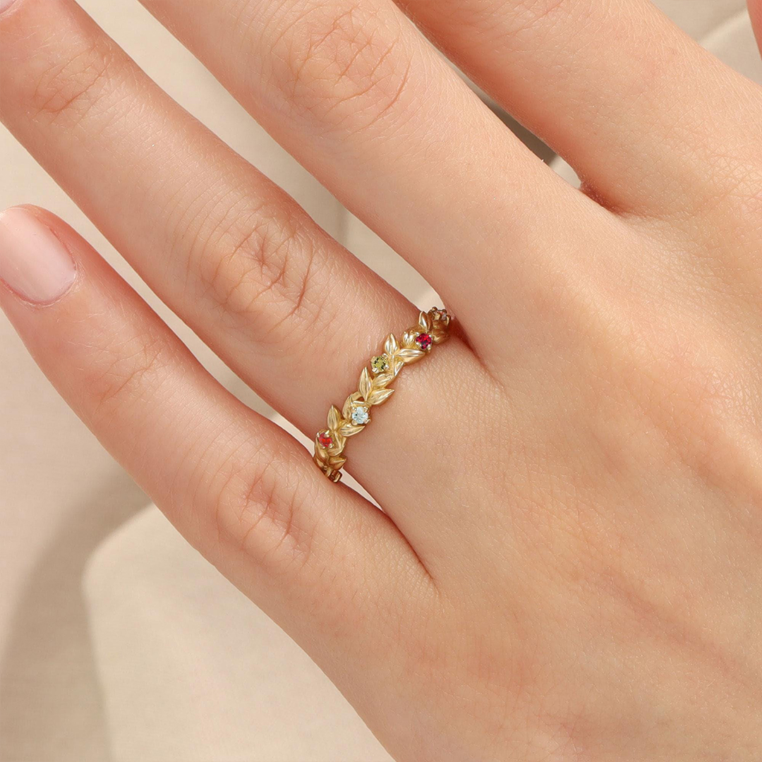 Family Roots Personalized 1-5 Leaf Birthstone Ring
