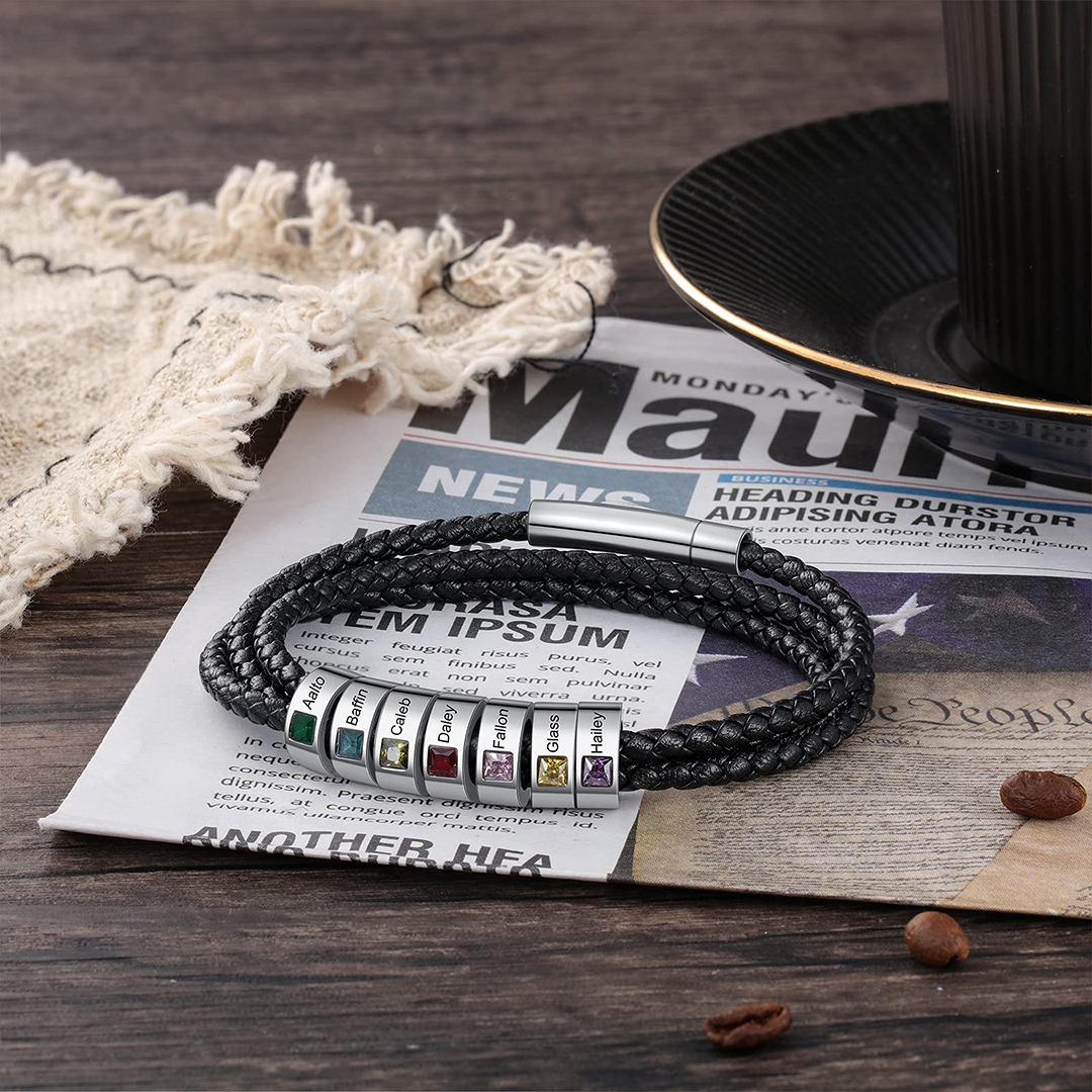 Men's Personalized 1-8 Names Leather Bracelet