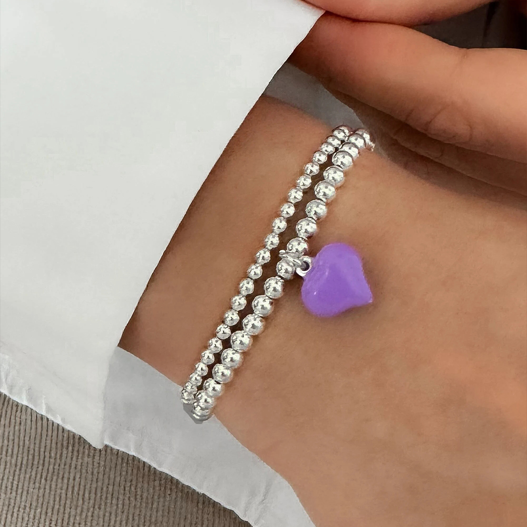 Lupus Awareness Silver Purple Puff Heart Charm Bracelet