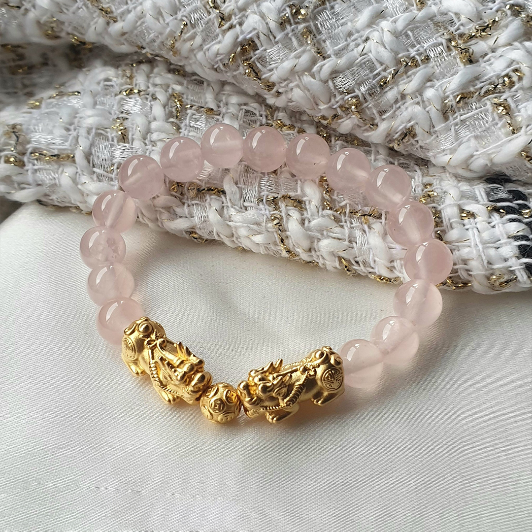 Brazilian Rose Quartz Double Pixiu Bracelet for Love, Wealth & Good Fortune