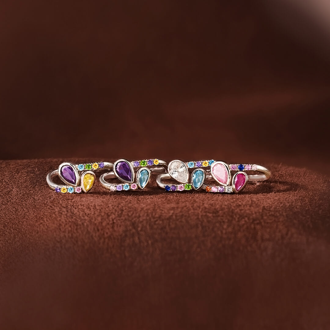 S925 Personalized Kids and Parents Birthstones Double drop Heart Ring