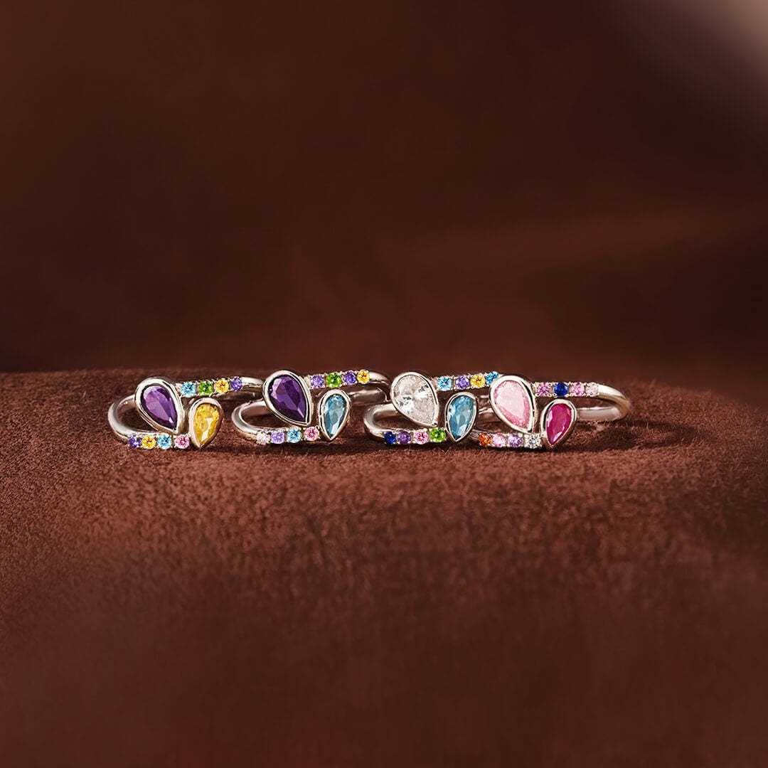 S925 Personalized Kids and Parents Birthstones Double drop Heart Ring