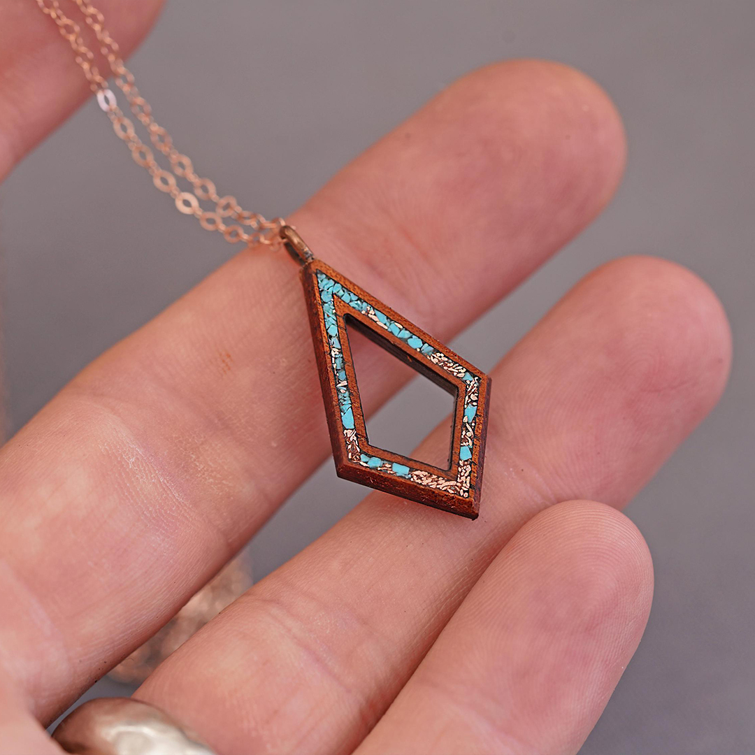 Turquoise and Copper Inlaid Koa Wood Teardrop Necklace