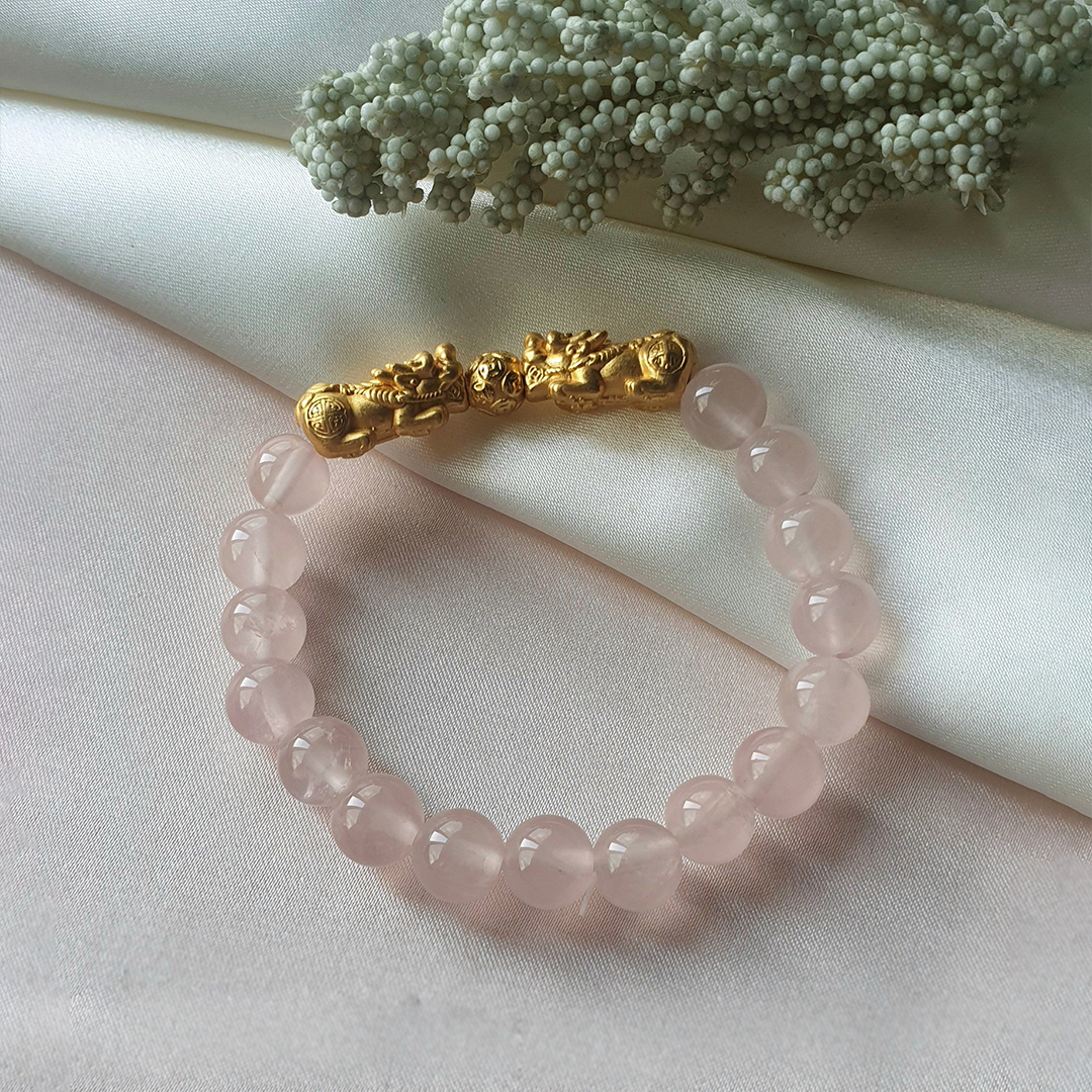 Brazilian Rose Quartz Double Pixiu Bracelet for Love, Wealth & Good Fortune