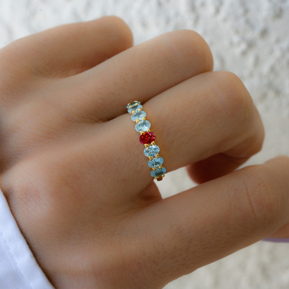 Diabetes Awareness Blue And Red Oval Diamonds Ring