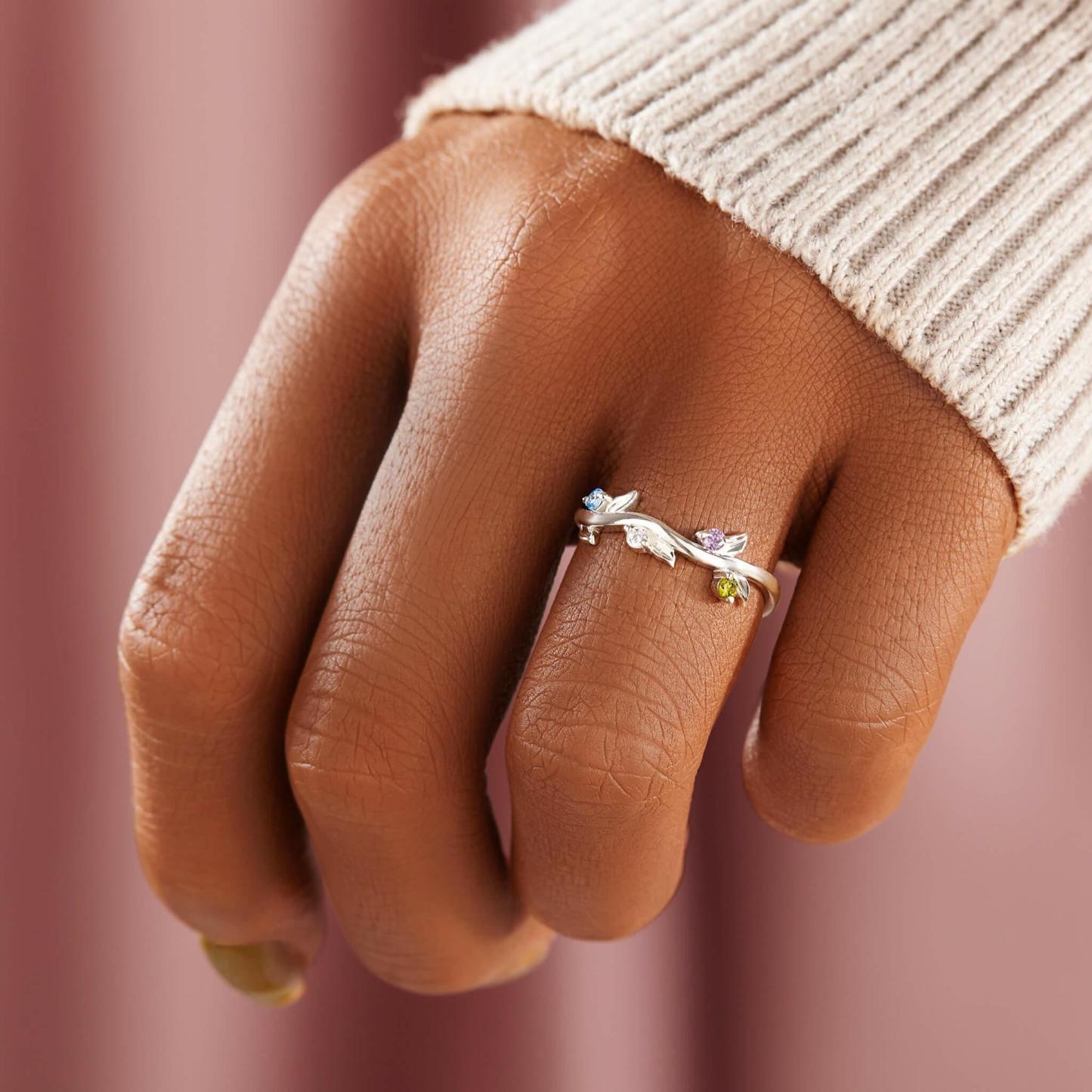Personalized Grow Through Leaf 1-5 Birthstone Ring