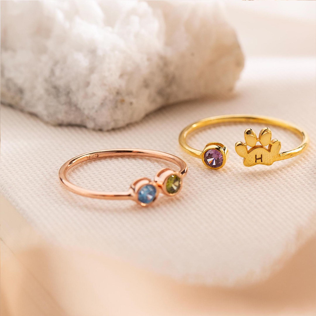Custom Engraved Paw Birthstone Ring