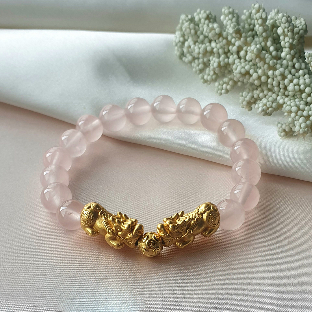 Brazilian Rose Quartz Double Pixiu Bracelet for Love, Wealth & Good Fortune