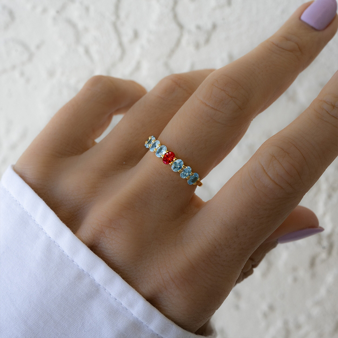 Diabetes Awareness Blue And Red Oval Diamonds Ring