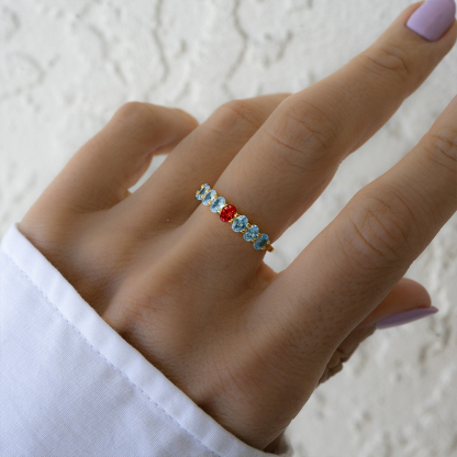 Diabetes Awareness Blue And Red Oval Diamonds Ring