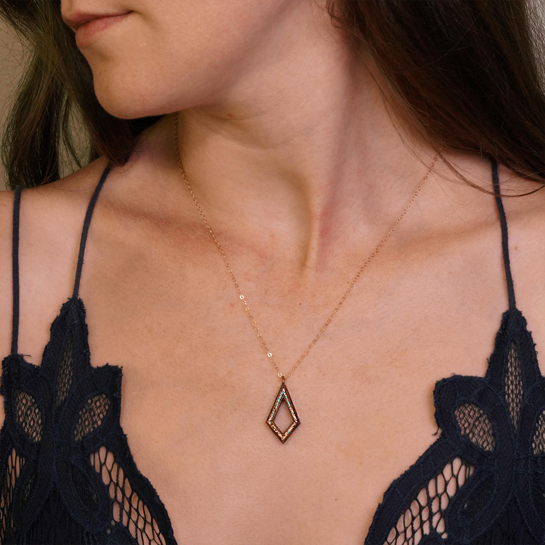 Turquoise and Copper Inlaid Koa Wood Teardrop Necklace