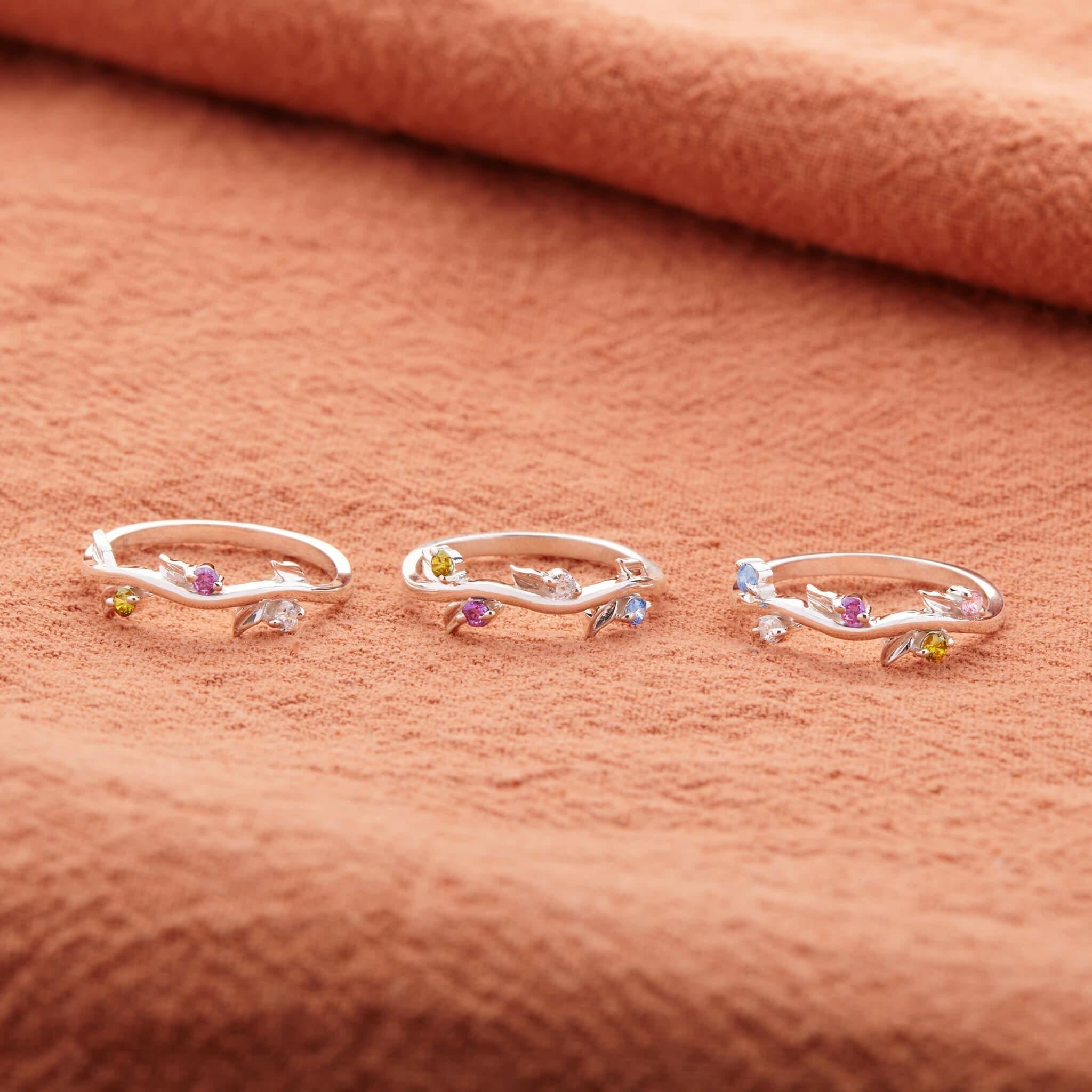 Personalized Grow Through Leaf 1-5 Birthstone Ring