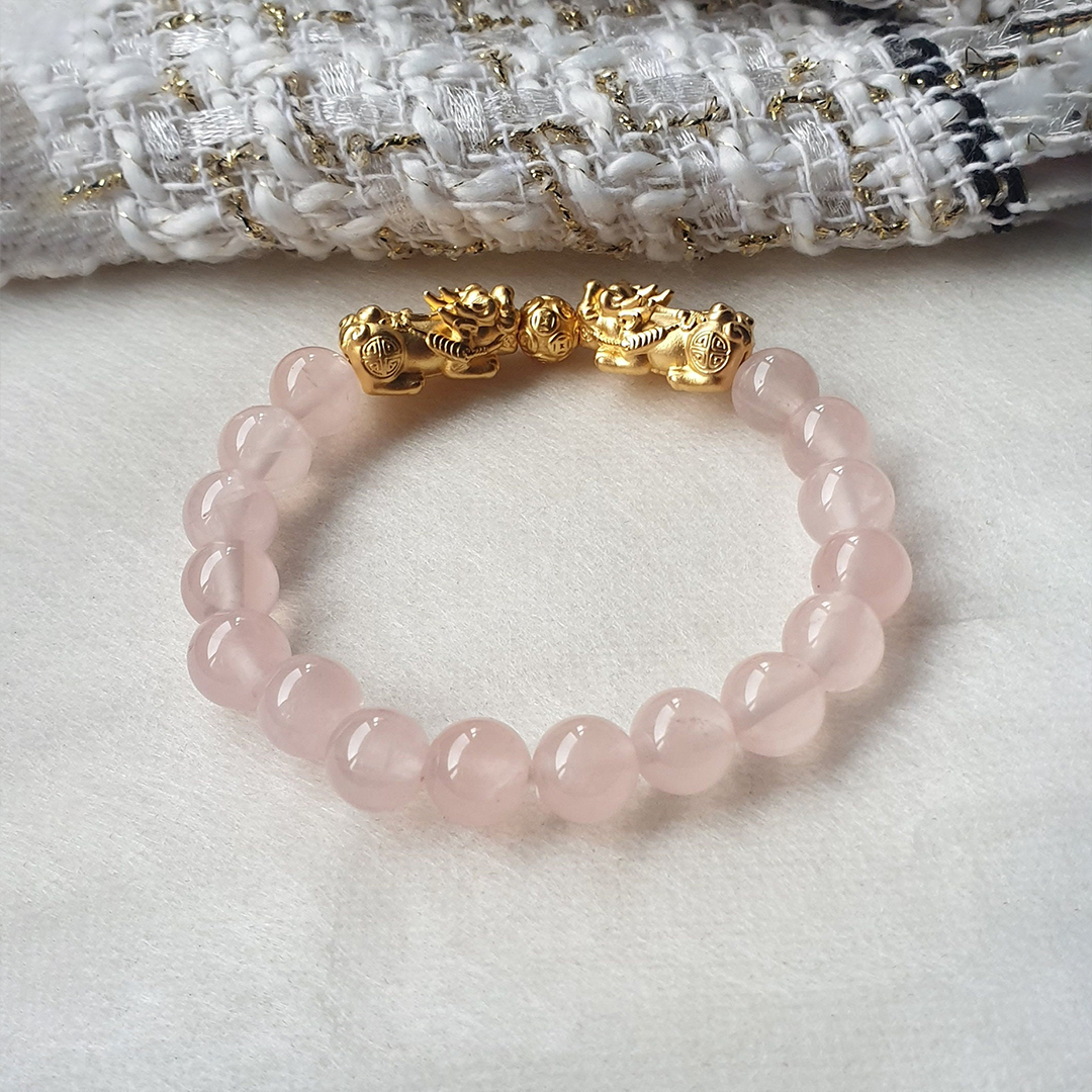 Brazilian Rose Quartz Double Pixiu Bracelet for Love, Wealth & Good Fortune