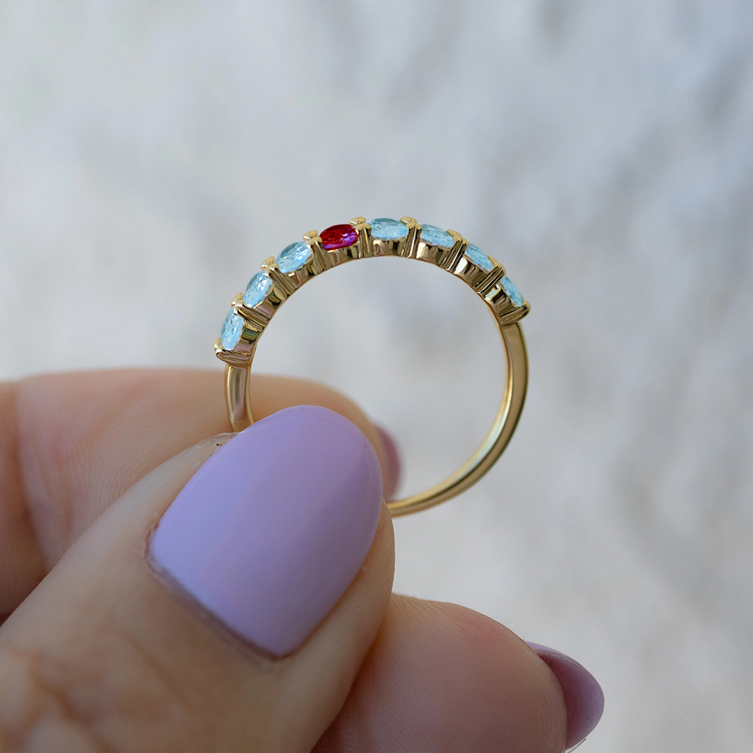 Diabetes Awareness Blue And Red Oval Diamonds Ring