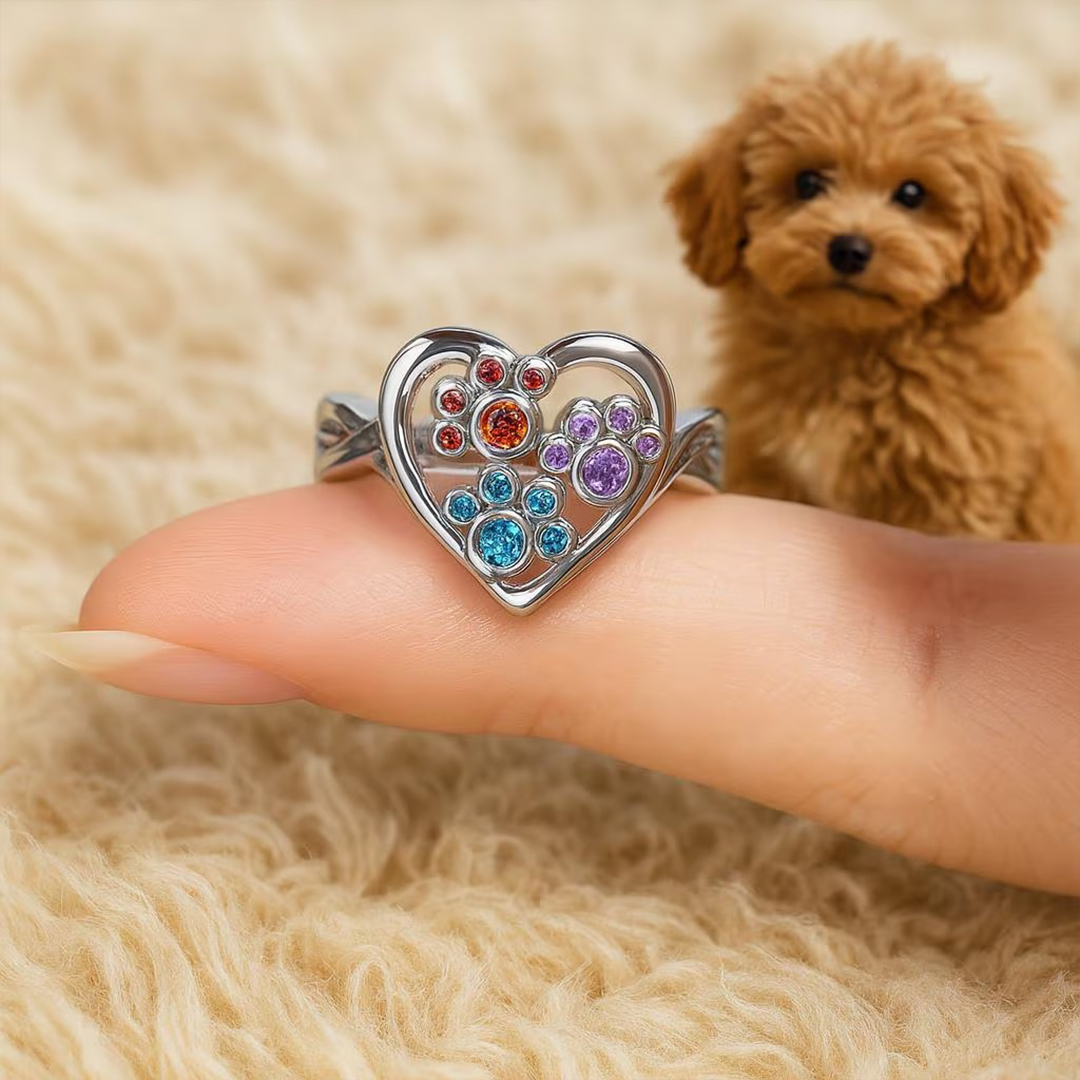 Personalized 1-3 Birthstones And Name Pawprints of Love Ring