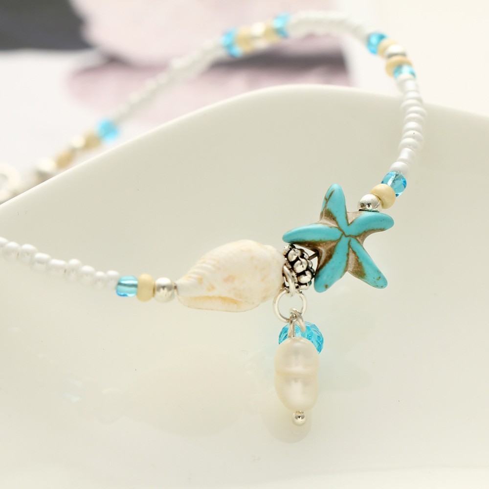 Seashell & Starfish Charm Seed Bead Ankle Bracelet