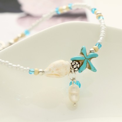 Seashell & Starfish Charm Seed Bead Ankle Bracelet