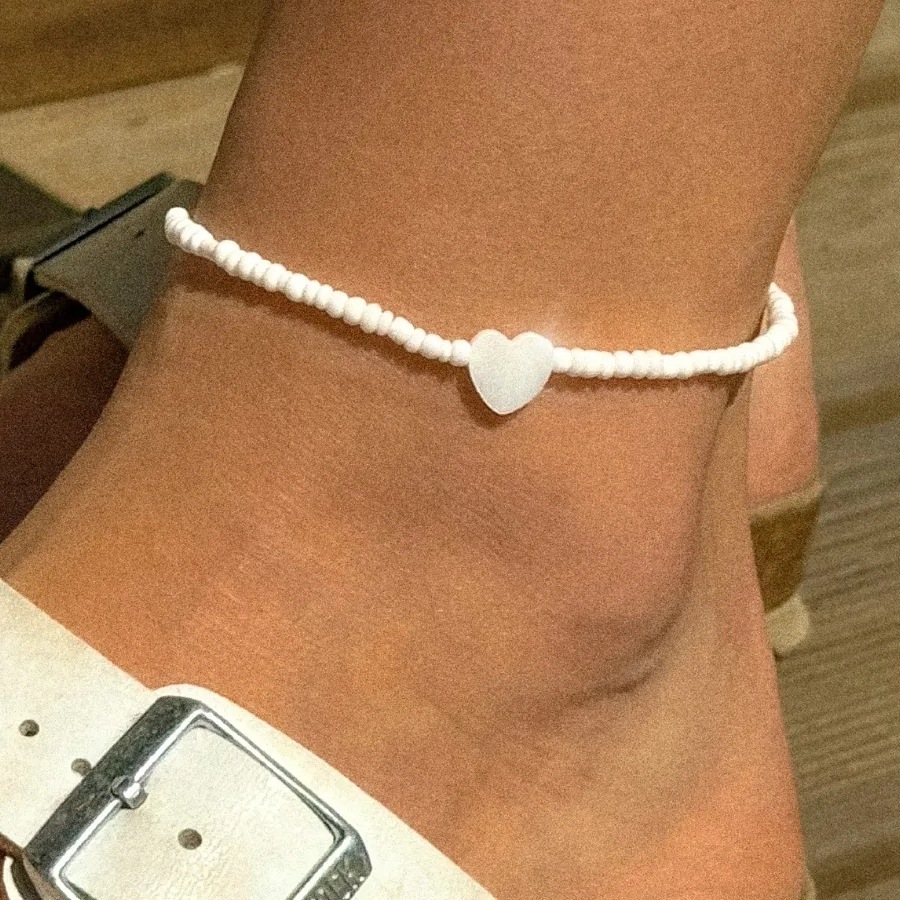 Boho White Seed Bead & Mother-of-Pearl Heart Ankle Bracelet