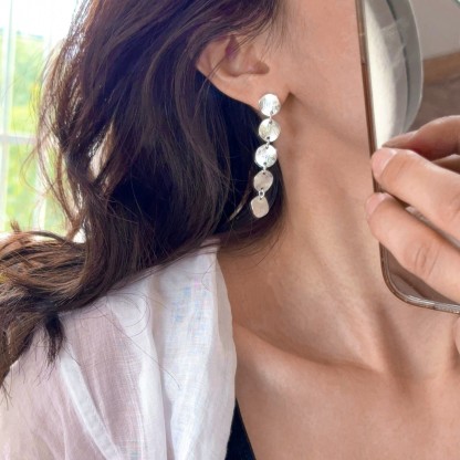 Textured Metal Disc Tassel Chain Earrings