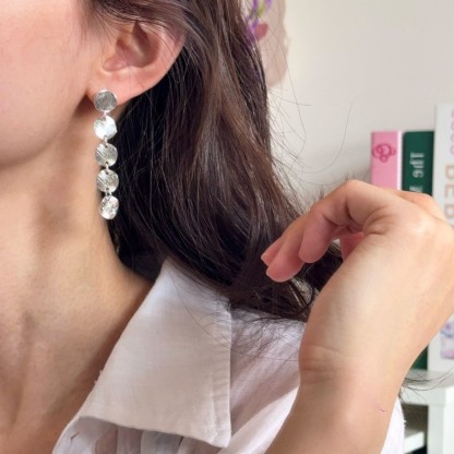 Textured Metal Disc Tassel Chain Earrings