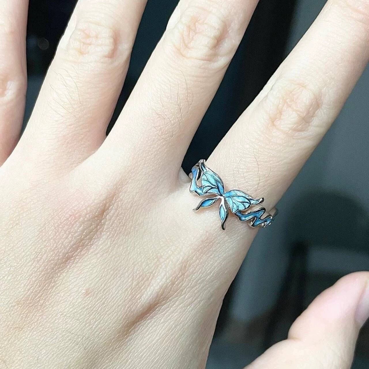 Adjustable Enamel Blue Butterfly Ring