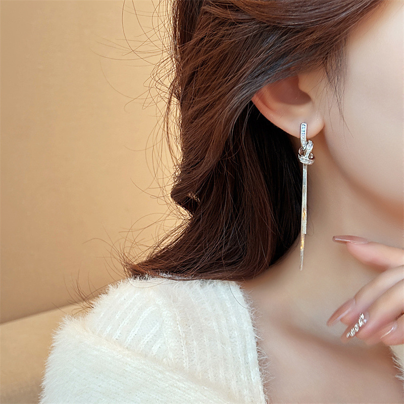 Long Tassel Knot Micro-Paved Crystal Stud Earrings