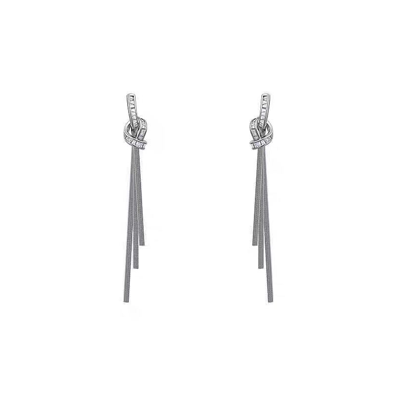 Long Tassel Knot Micro-Paved Crystal Stud Earrings