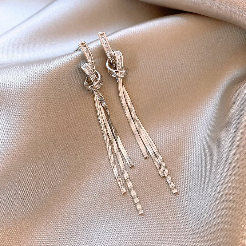 Long Tassel Knot Micro-Paved Crystal Stud Earrings