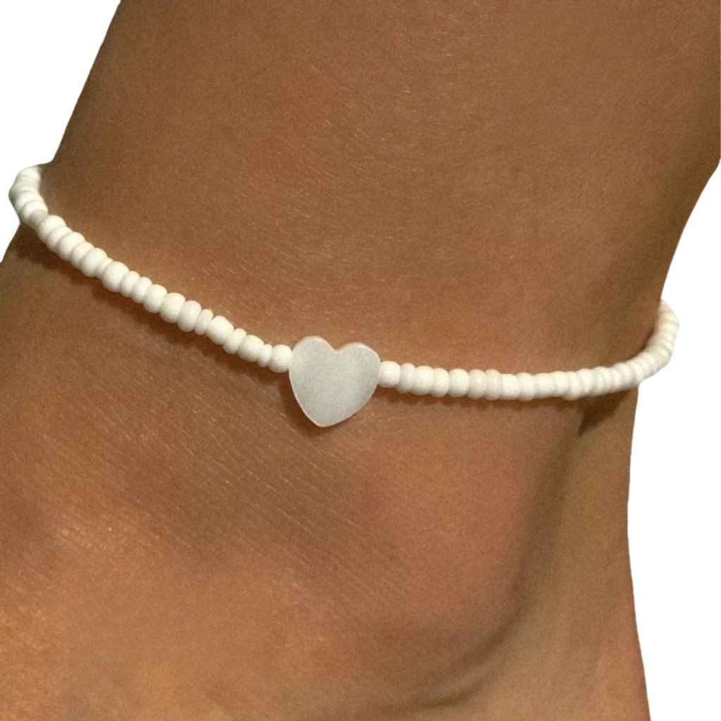 Boho White Seed Bead & Mother-of-Pearl Heart Ankle Bracelet