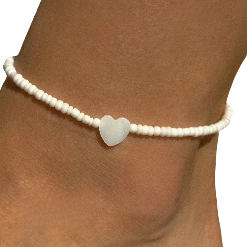 Boho White Seed Bead & Mother-of-Pearl Heart Ankle Bracelet