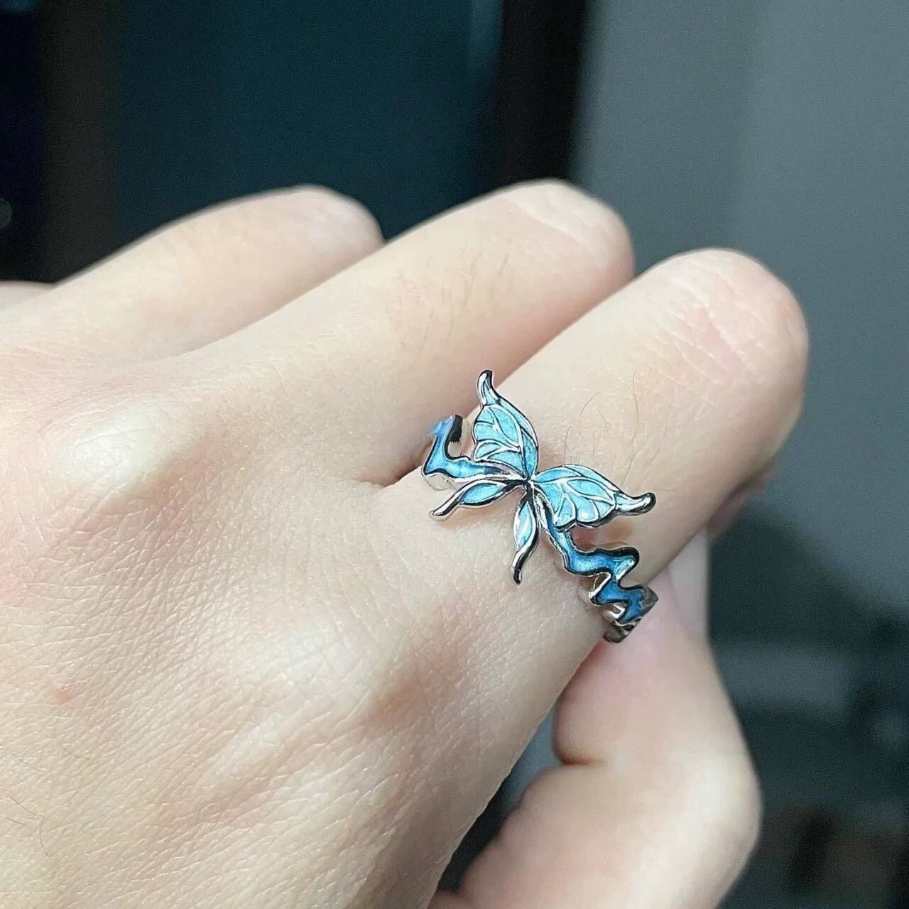 Adjustable Enamel Blue Butterfly Ring