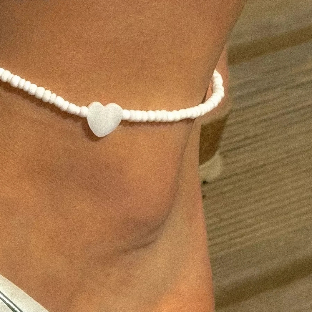 Boho White Seed Bead & Mother-of-Pearl Heart Ankle Bracelet