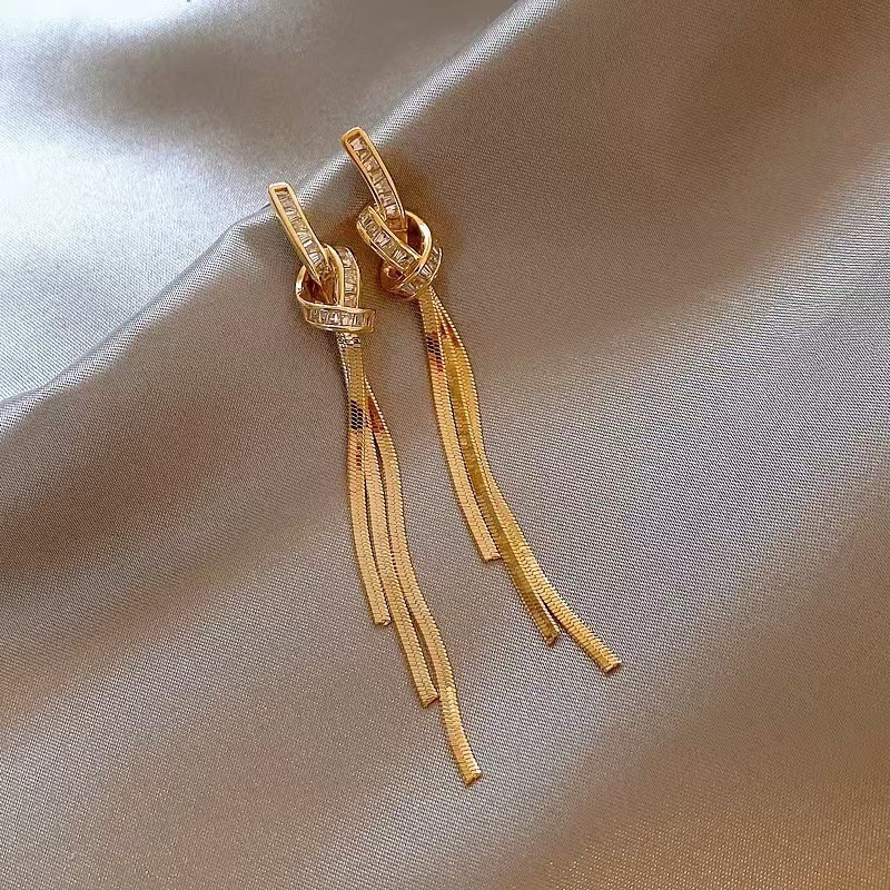 Long Tassel Knot Micro-Paved Crystal Stud Earrings