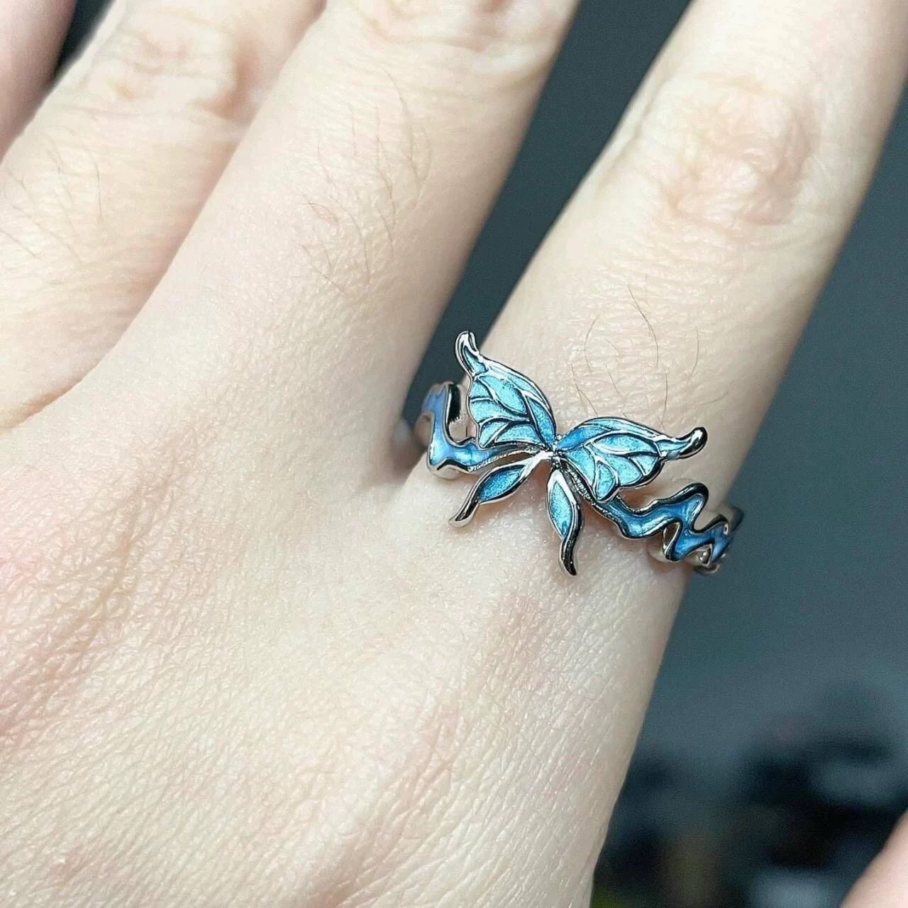 Adjustable Enamel Blue Butterfly Ring