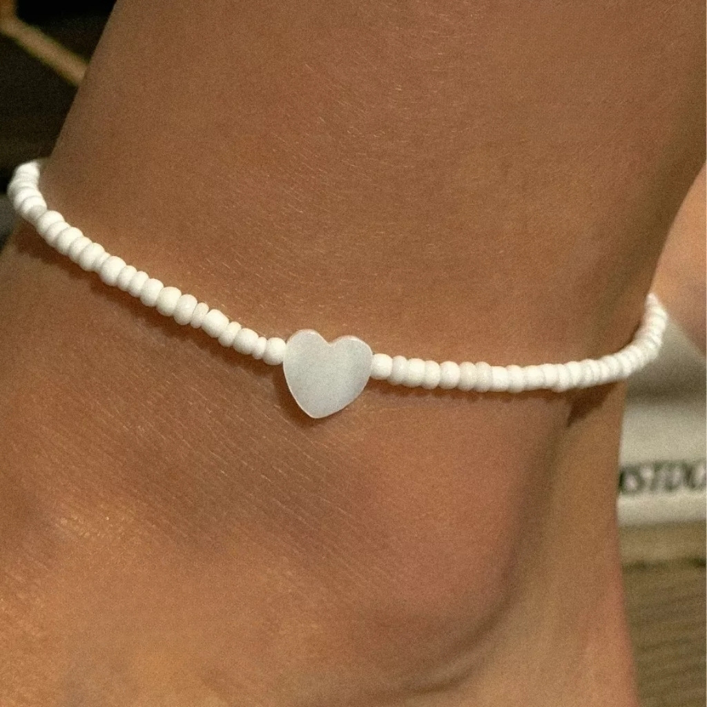 Boho White Seed Bead & Mother-of-Pearl Heart Ankle Bracelet