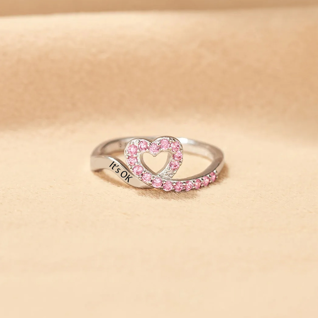 It's OK To Not Be OK Pink Ribbon Heart Ring