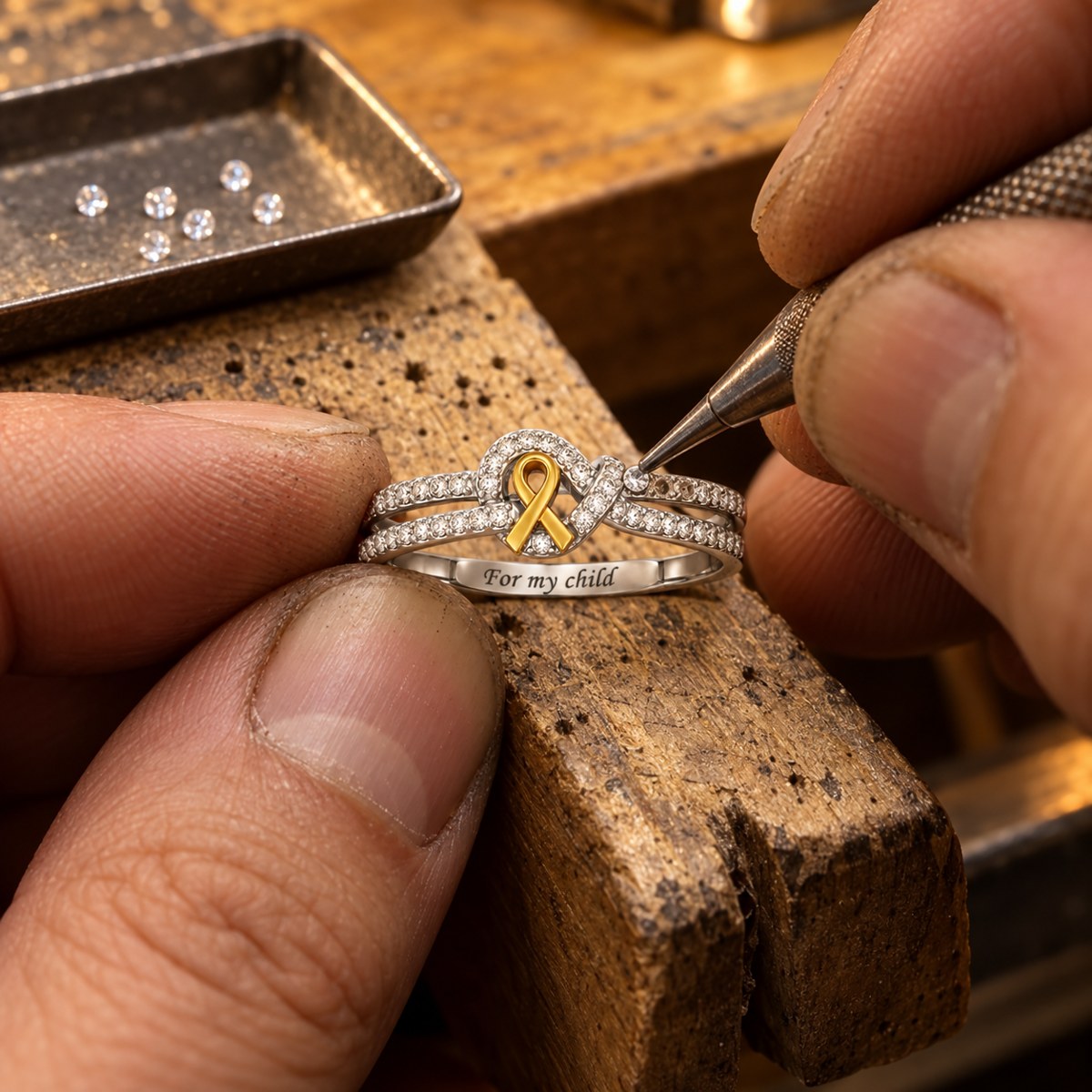 The childhood cancer awareness ring being finished by hand