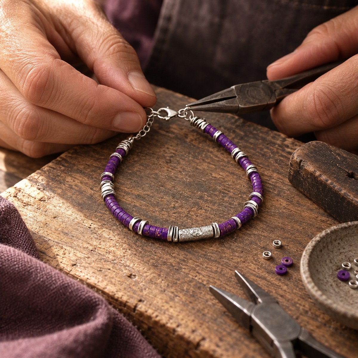 The purple and silver bracelet being assembled by hand