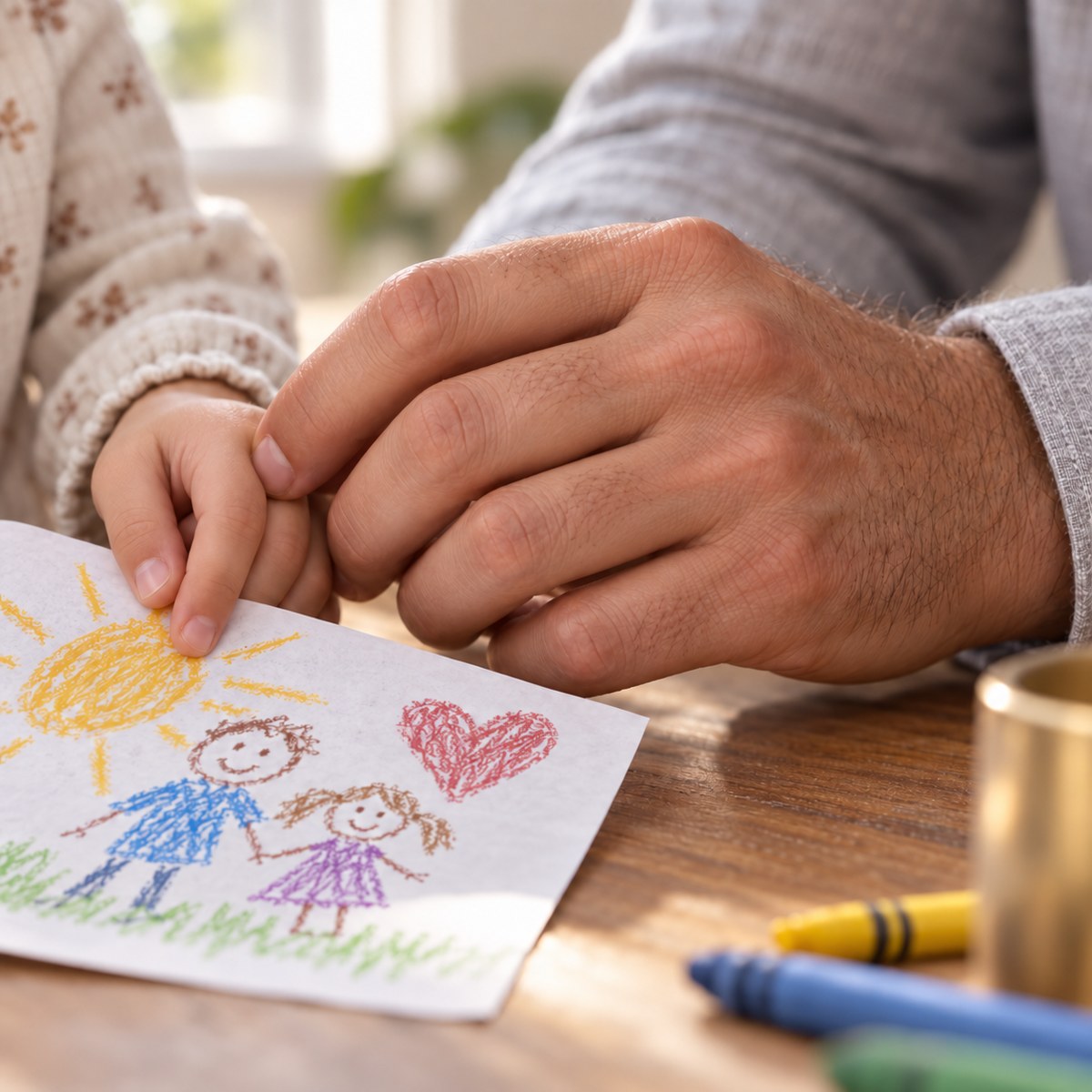 A parent and child sharing a crayon drawing